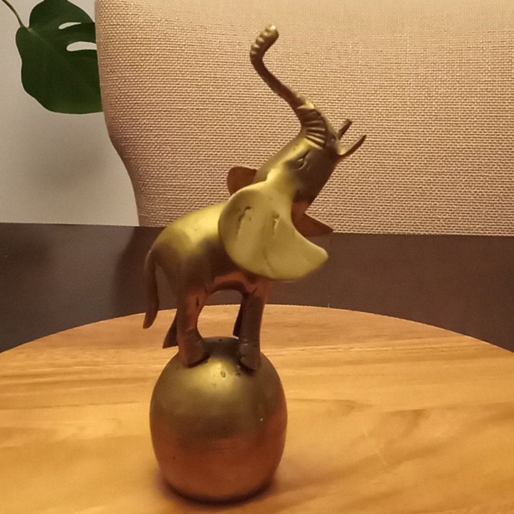 Brass Elephant Trunk Up on Ball Circus Figurine Good Luck Accent Decor
